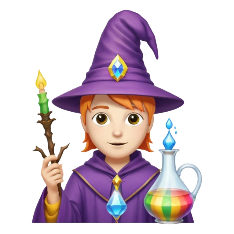 costume, wearing wizard hat custome, with glass vase, rainbow sticker