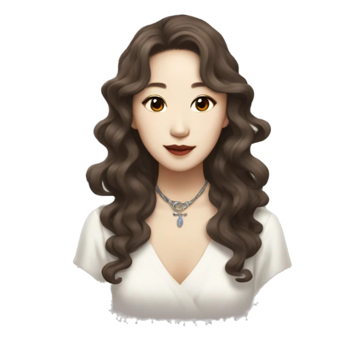 Laufey; Korean singer with wavy brown hair and coquette style sticker