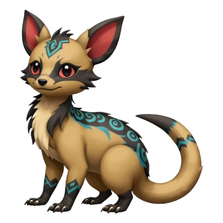 Rare warm-colored exotic cute epic aesthetic gothic colorful Salandit-Eevee-Civet-species-Fakemon-hybrid-creature, with tribal tattoo markings, full body sticker