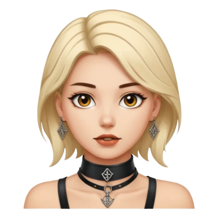 Leather choker with sigil around woman’s neck, pulse visible, dominance tone sticker