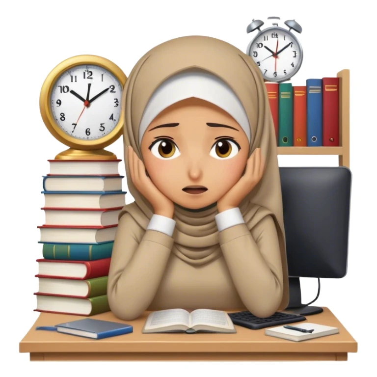 hijabi girl, books, pc, clock looking stressed, suffering and crying sticker