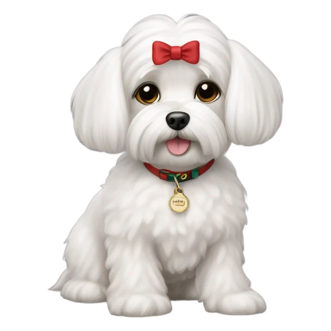 maltese dog with a name tag saying "gucci" sticker