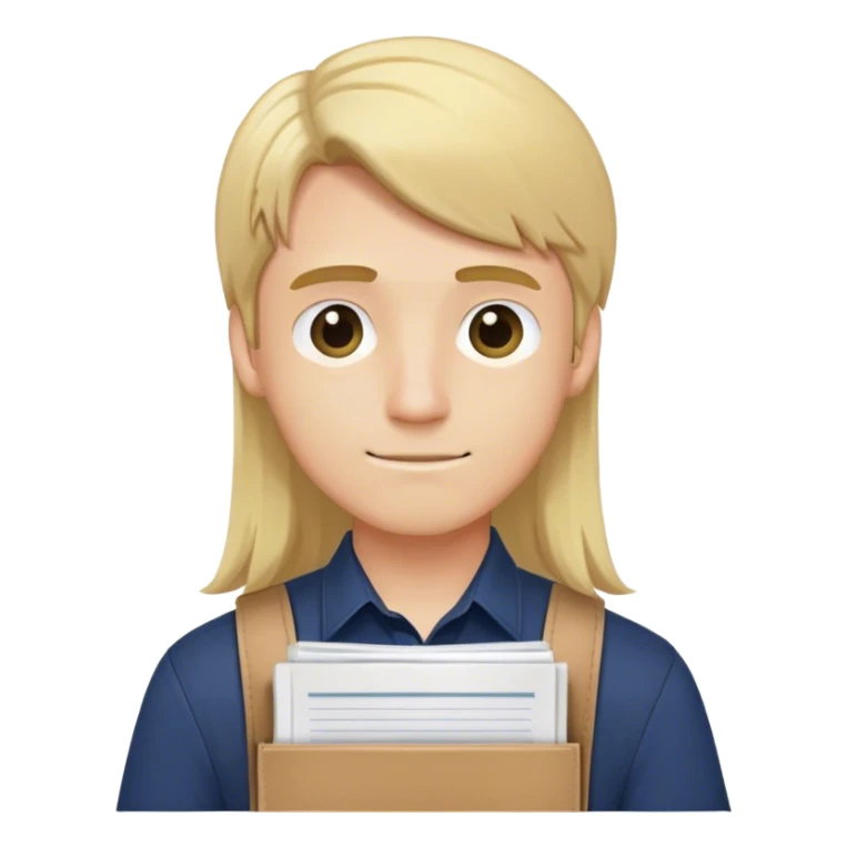 Guy with long straight blonde hair behind head and navy button up holding a school packet sticker