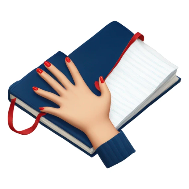 a hand with a red manicure lies on top of a dark blue diary sticker
