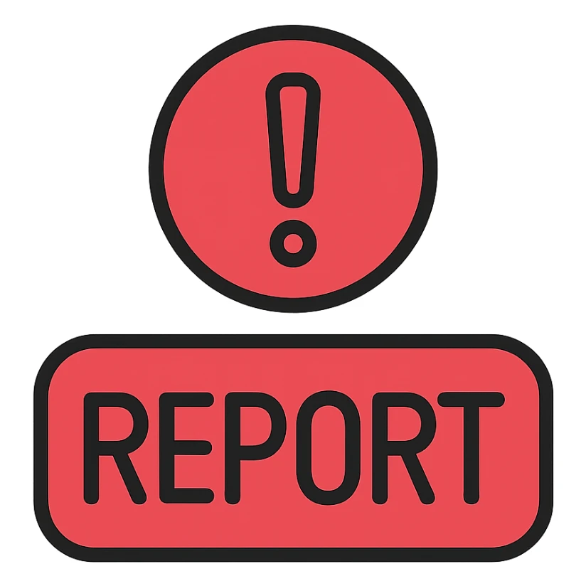the word REPORT in all caps, inside a red rounded rectangle, with a red exclamation mark above it, the exclamation mark is inside a red circle, everything is red, bold and clear sticker