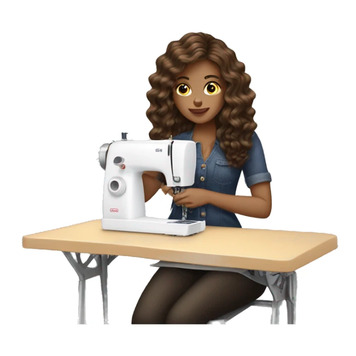 Light skinned women with brunette medium long wavy hair sewing at a sewing machine  sticker