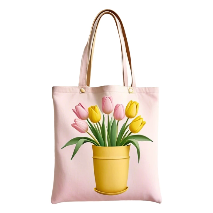 canvas tote bag with pastel tulips hanging out the top sticker