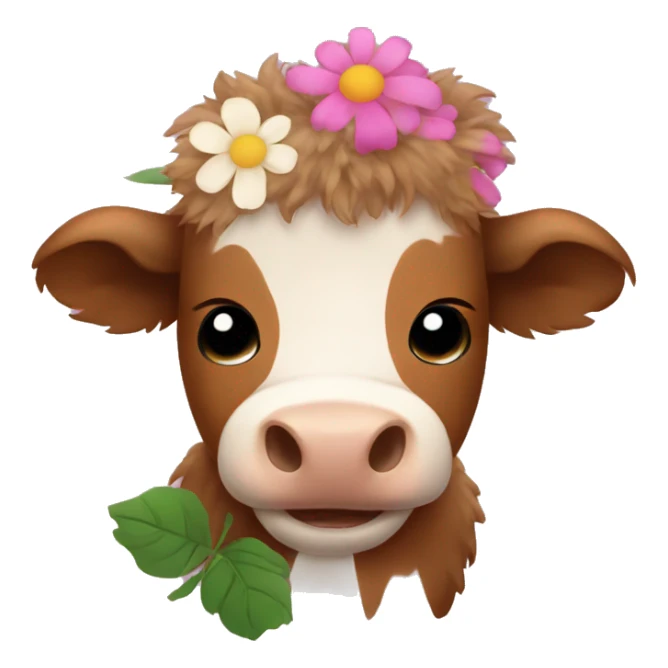 brown fluffy baby scottish cow with flowers sticker
