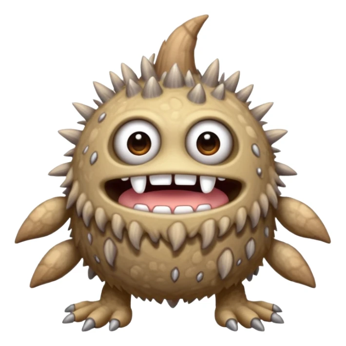 My Singing Monsters Dust element monster, sandy cracked body, muted brown-gray colors, drifting dust particles, cute cartoon style sticker
