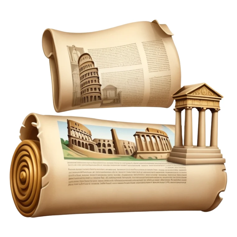 An icon featuring an ancient scroll, surrounded by famous historical landmarks and statues of notable figures, like the Colosseum or Napoleon. The design symbolizes the exploration of history through monuments and people. Transparent background highlights the pas sticker