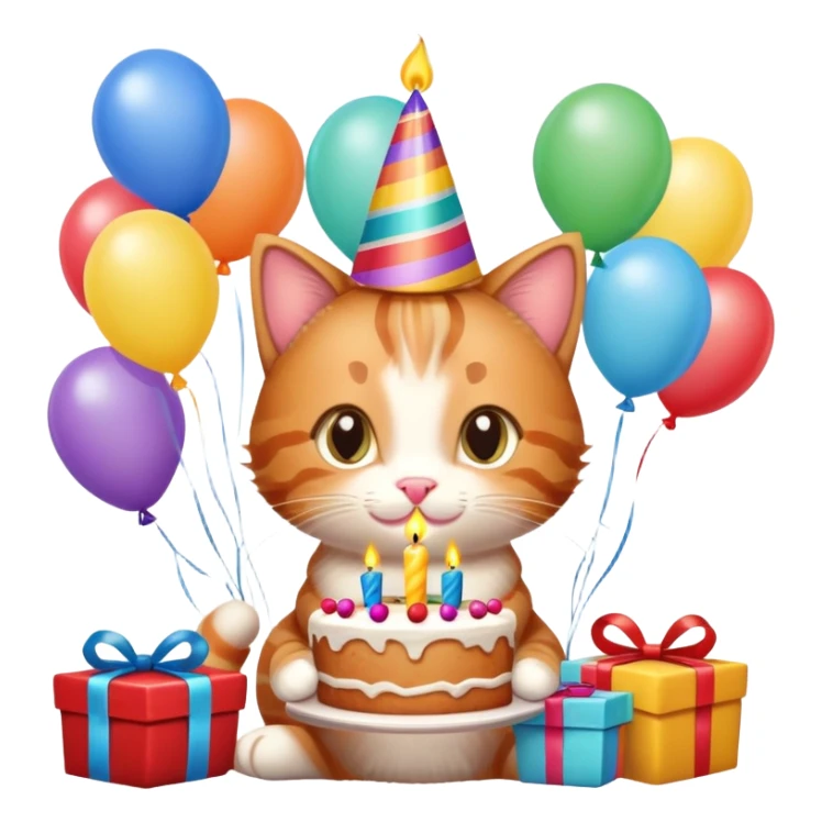 Ginger tabby kitten celebrates birthday, birthday hat, birthday cake, one candle, balloons, happy, gifts sticker