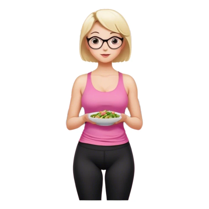 View from knees up, view from the back, fair skinned woman, thick milf, short blond hair, small reading glasses, cooking dinner in kitchen, pink loose tank top, showing natural B cup breast shape SFW, black yoga pants, large curvy booty sticker