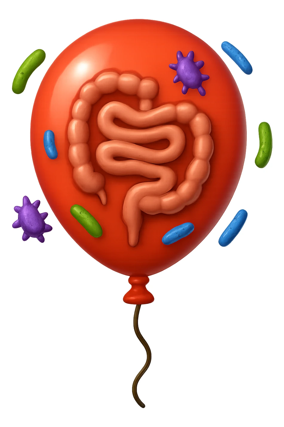 emoji stile iphone di un palloncino con intestino dentro e batteri intestinali intorno sticker
