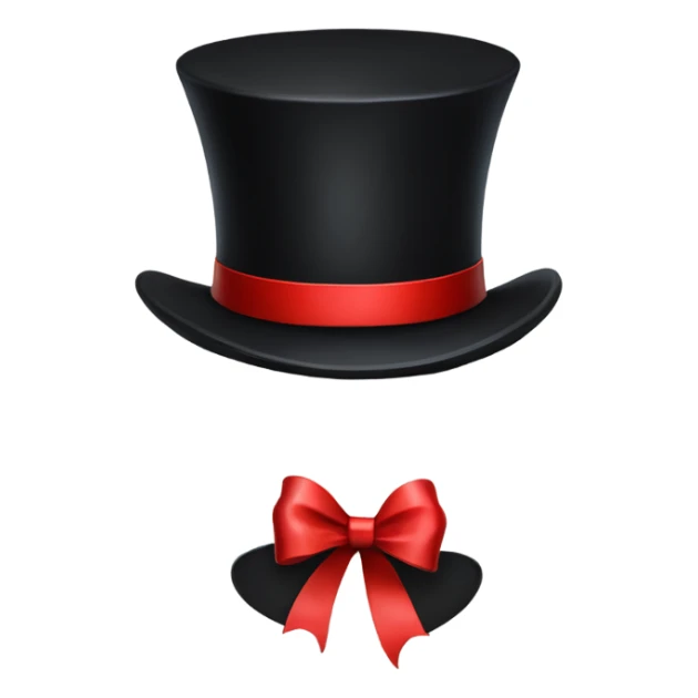 A black top hat displaying a red ribbon around the base. The ribbon forms a visible bow at the front, with the ends falling slightly over  sticker