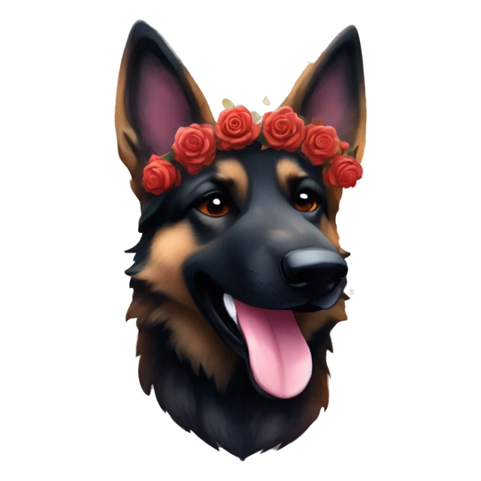 Bokeh Midnight starry night stars dark Brindled striped brindle black German shepherd fox carrying glowing red lantern, fairy lights, rose flower crown, bokeh lights, out of focus blur sticker