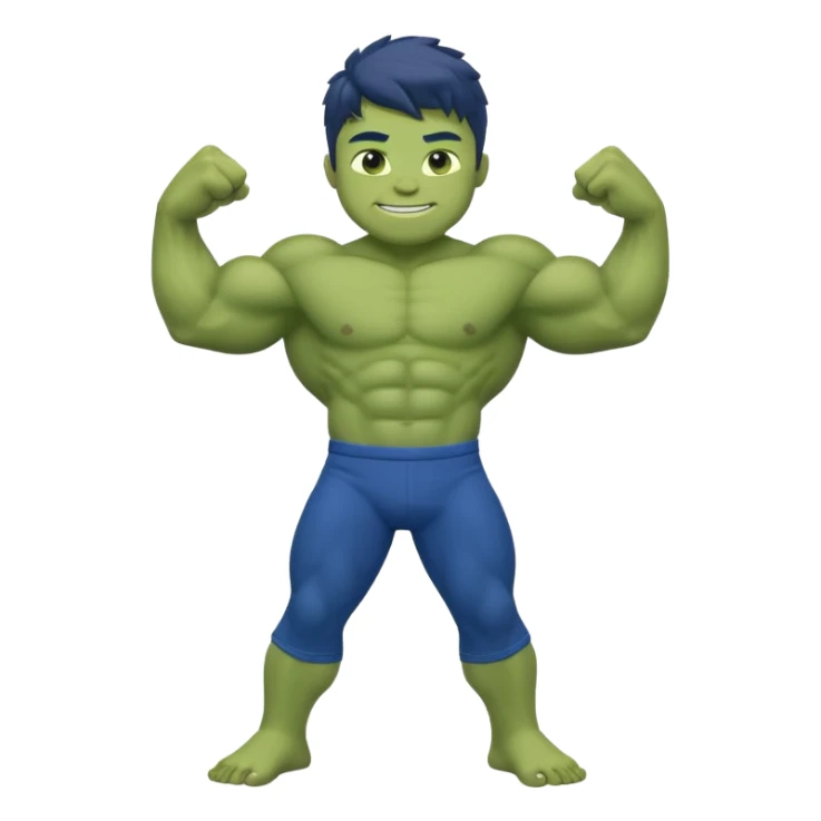 Kid Hulk flexing arms, full body, long blue pants, and smiling sticker