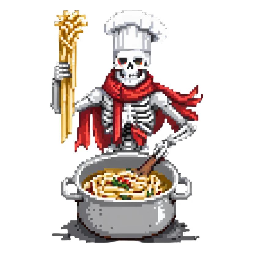 Papyrus from Undertale cooking spaghetti, tall skeleton with red scarf and white armor, enthusiastically stirring pasta in a pot, chef hat sticker