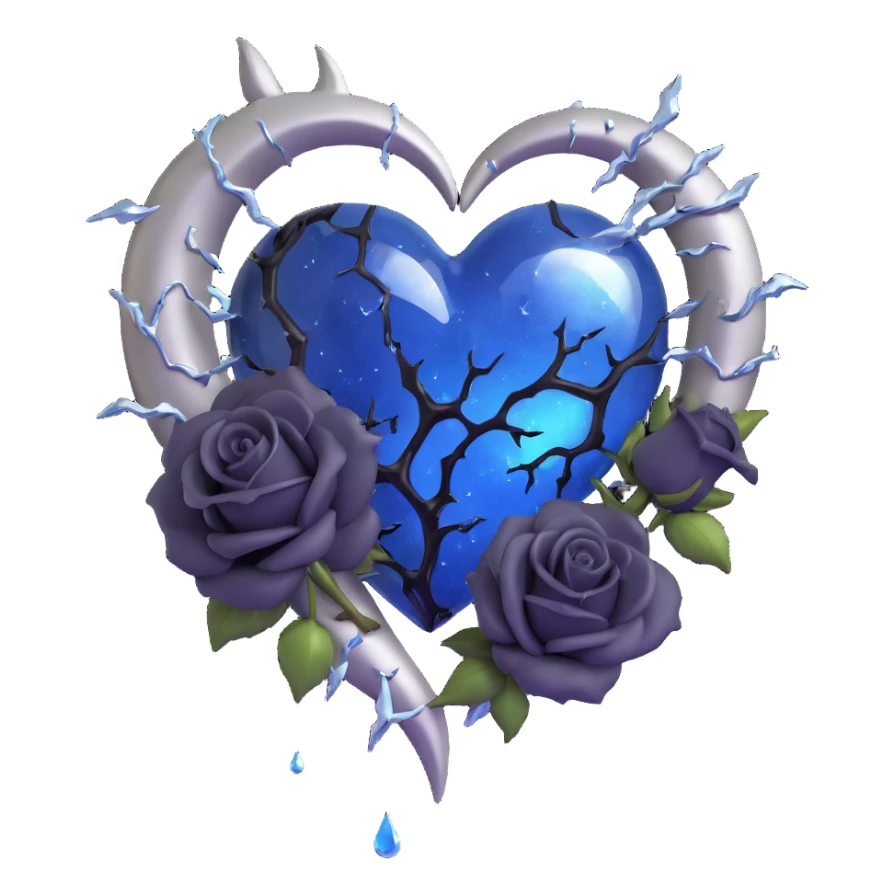 gothic heart with large crack splitting it 3D emoji, midnight blue glass, silver crescent moon, black roses, stardust, lightning, rain, broken glass, minimal dark style sticker
