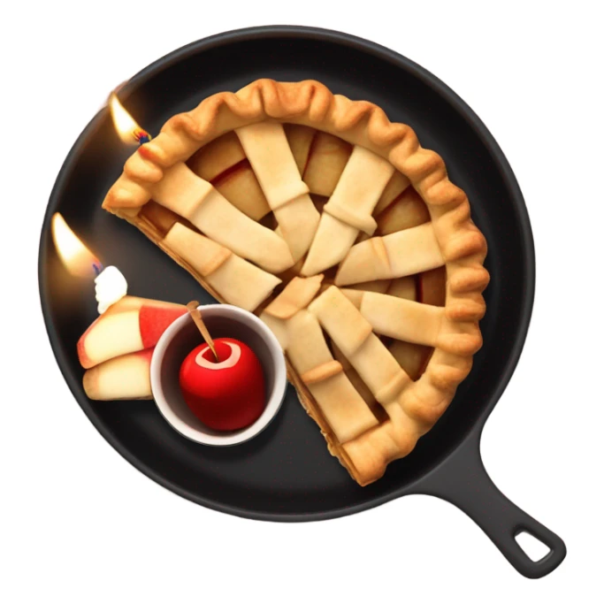Slice of apple pie in a black pan on a checkered tablecloth with a birthday candle next to a martini sticker