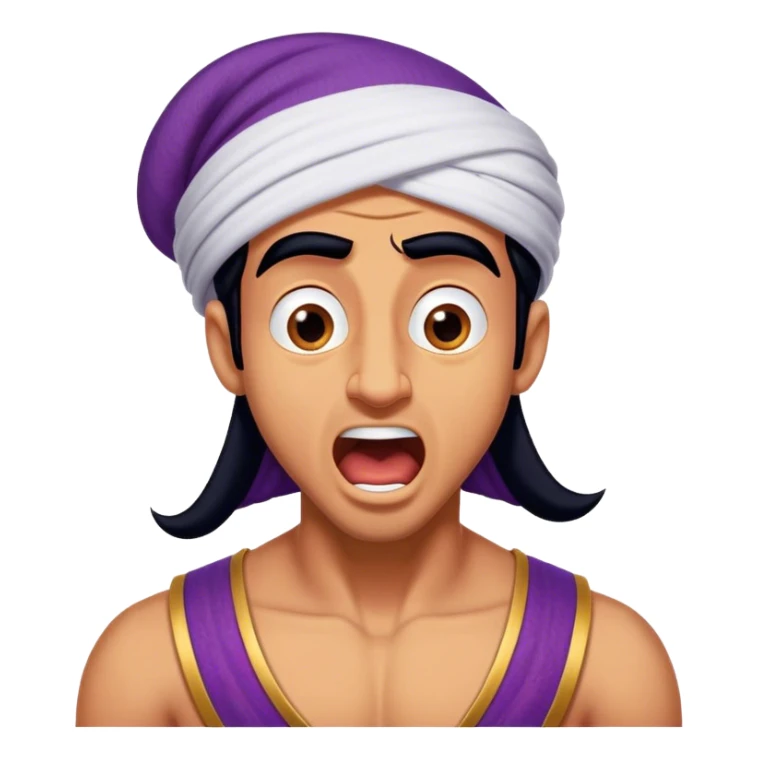 Cinematic Realistic Aladdin Portrait, head tilted slightly with a dramatic, wide-open yawn, revealing a relaxed, yet still vigilant expression. The lifelike textures of his skin and carefully rendered fabric of his attire combine with warm, ambient lighting to capture a moment of endearing, laid-back heroism. sticker