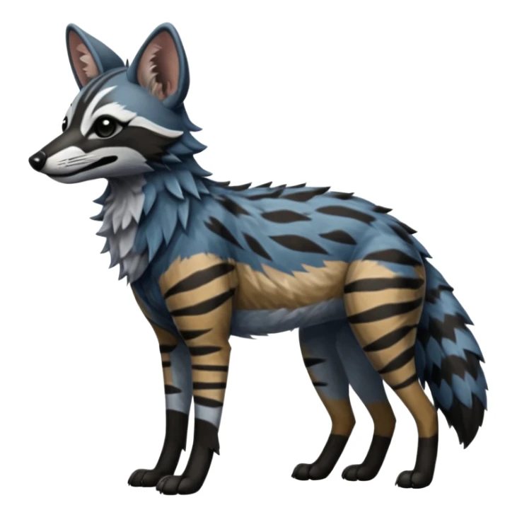 Realistic edgy bluish greyish blackish whitish silvery coppery Shiny Colorful Dusky Dark Gloomy Glossy Aardwolf-Maned-Wolf-Genet-Bobcat-fusion-animal-hybrid-creature, full body sticker
