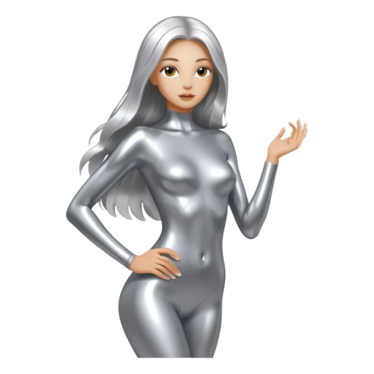 abstract sensual skinny body silhouette, liquid silver chrome, smooth curves,chrome silver long hair, chrome metallic color face and body, sensual poses sticker