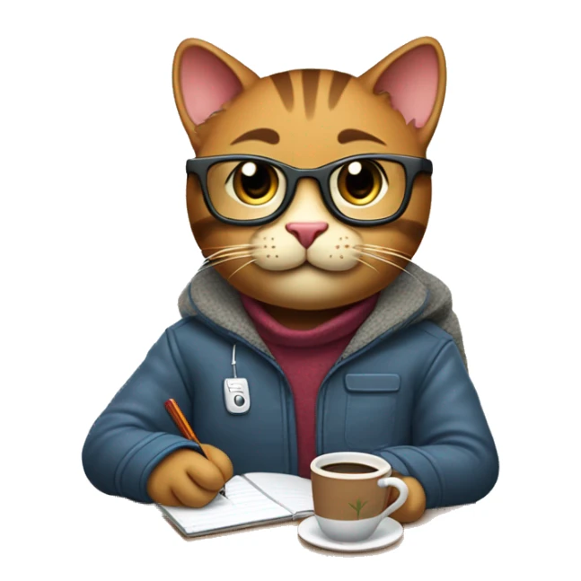 "Create an emoji of a happy brown cat with computer glasses, typing on a computer and taking notes. The cat is sitting on an ergonomic chair with a coffee mug and a potted plant, wearing a winter jacket because the office AC is cold." sticker