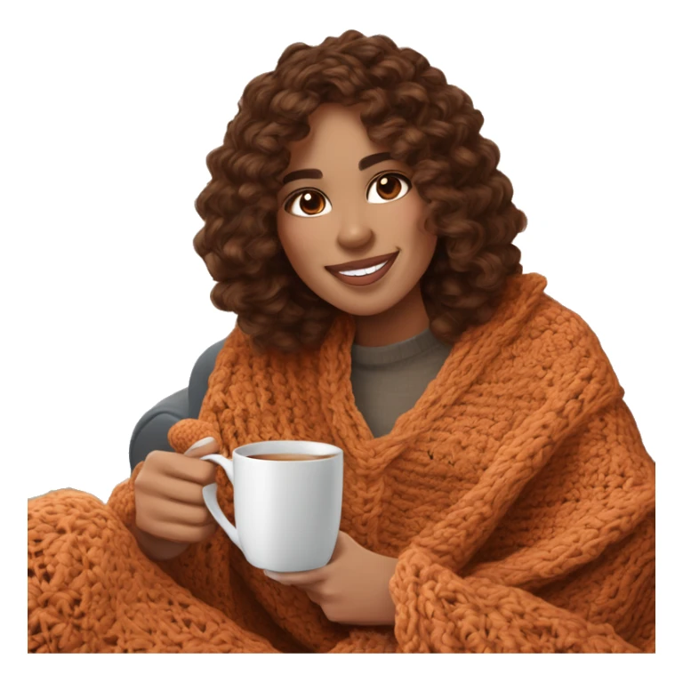 26 year old wonan with brown soft wavy hair and curtain bangs. She is crocheting a garment.  She is sitting on the sofa with a crochet blanket that is in the color of cinnamon on herself. Near her there is a cup of tea. It’s Christmas time sticker