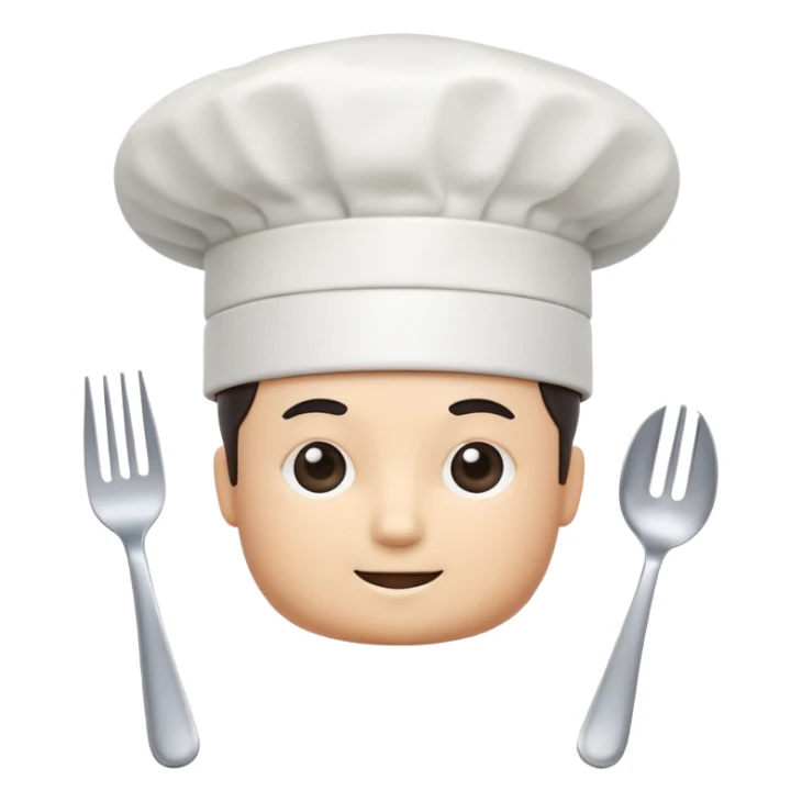 rounded square mobile app logo design, 3d icon of a chef's hat and a fork combined, subtle gradient, minimal soft blue background, flat design, clean, professional food service icon sticker