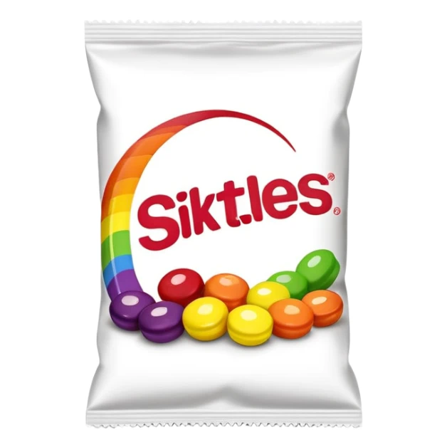 An extremely minimalist Skittles package, simple rainbow stripe design with a few green candies. Very clean and simplified. sticker