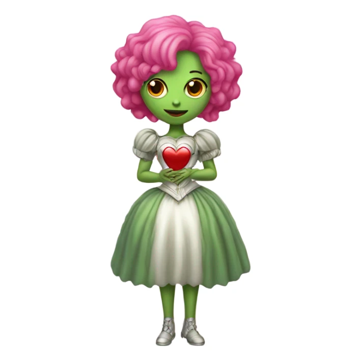 a green amazon alien woman in Victorian white gold, pink hair,holdig, red big hearth, full body sticker