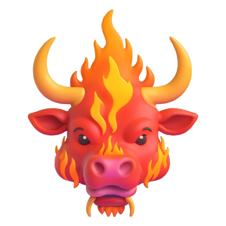 text 'NBS' in front of a stylized 3D bull, both outlined in flames, transparent background, Discord emoji style sticker