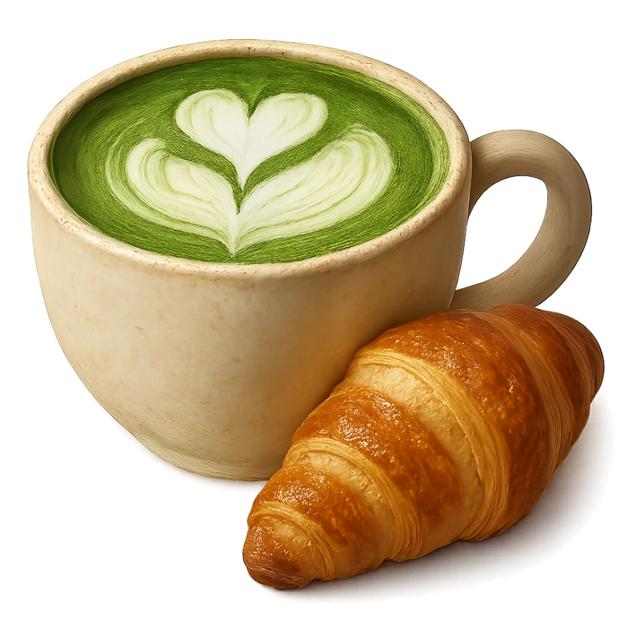 Make the matcha latte with croissant more detailed, add realistic textures and shading, keep the inviting and cozy icon style. sticker
