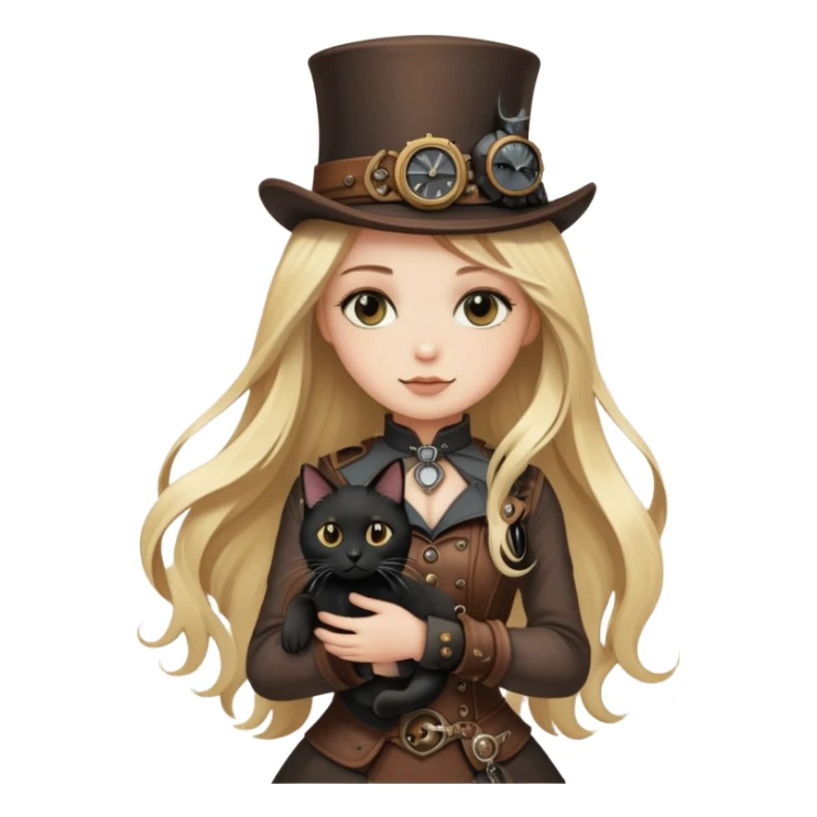 Nice blond long hair girl with steampunk cloth kindhearted and have a black cat sticker
