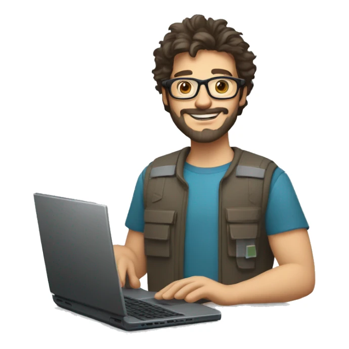 man with light skin, short messy hair, dark brown hair, with glasses, with a beard and short bogey. Happy computer technician with a laptop sticker