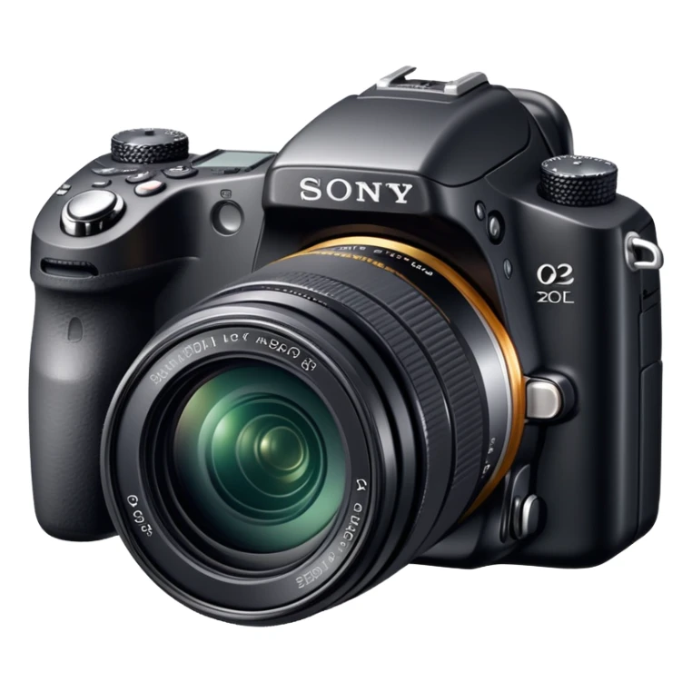 DSLR camera, Sony Alpha DSLR-A230, professional black camera with lens sticker