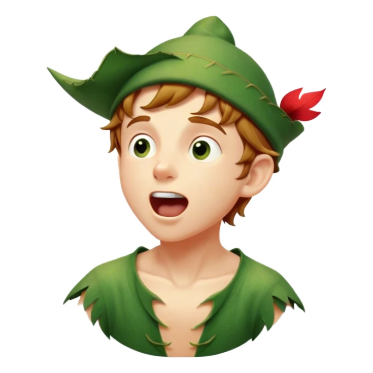 Cinematic Realistic Peter Pan Portrait, head tilted slightly with a dramatic, wide-open yawn, revealing a relaxed yet spirited expression. His detailed tunic and cap, paired with a gentle, ambient glow, capture a tender moment of vulnerability amidst his eternal quest for adventure. sticker