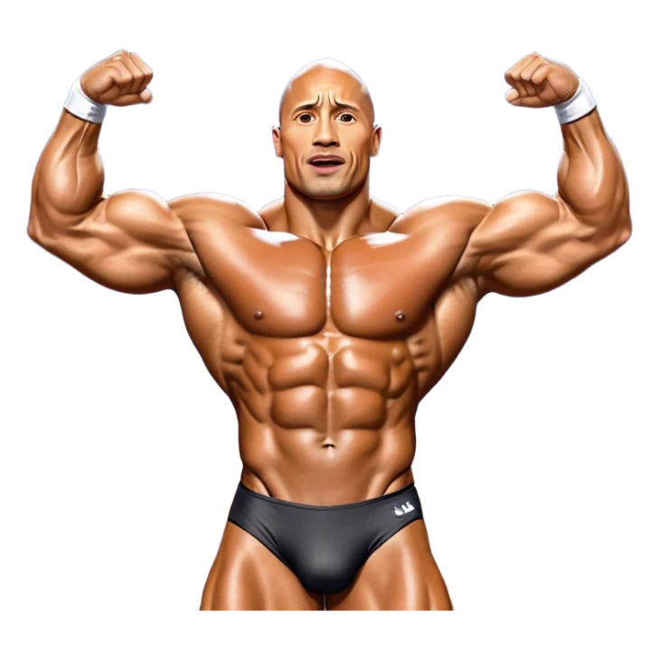 Dwayne 'The Rock' Johnson on stage at the Mr. Universe bodybuilding competition, covered in oil, flexing his powerful muscles. His physique shines under bright stage lights, showcasing his strength and dedication. The audience and judges are blurred in the background. Transparent background. sticker
