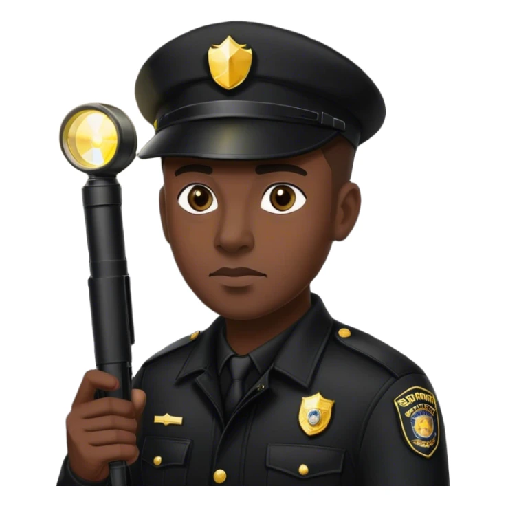 A vigilant male security guard wearing a black uniform, a cap with ‘SECURITY’ embroidered on it, and a black jacket. He holds a flashlight near his face, shining its beam forward, with a focused and alert expression. sticker