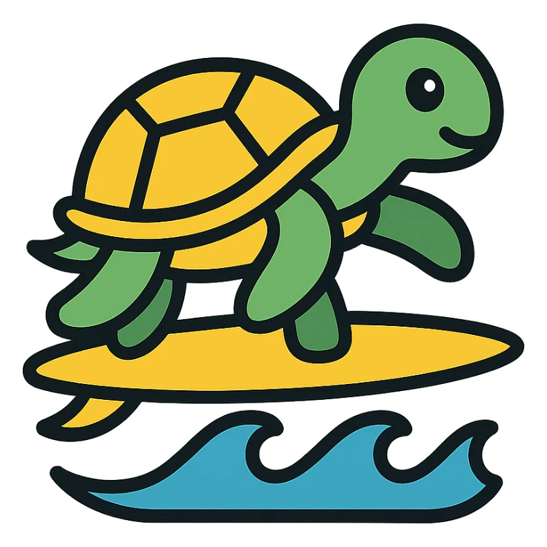surfing turtle, color outline icon style, clean lines, playful, modern sticker