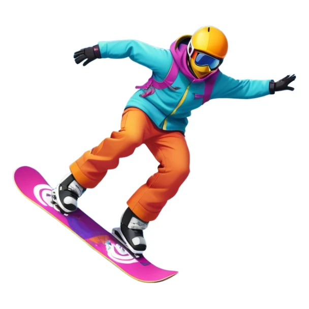 An icon showing a snowboarder performing an exciting jump on a snow-covered slope. The background features towering mountains, snow-covered trees, and a bright, clear sky. Transparent background highlights the speed, agility, and thrill of snowboarding. sticker