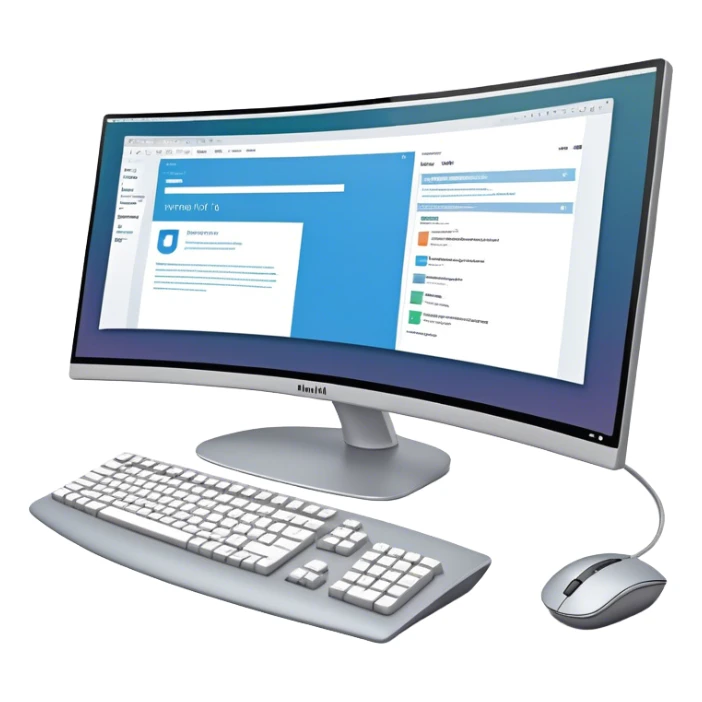Create an emoji for UX/UI design. Show  large curved monitor displaying windows with UX/UI design HTML program interface. Include a mouse, keyboard, and stylus next to the screens. Use modern, professional colors. Do not include any emojis or smiley faces. Make the background transparent. sticker