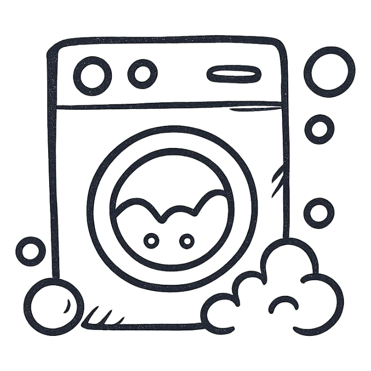 washing machine with detergent bubbles, hand drawn black outline icon, no fill sticker