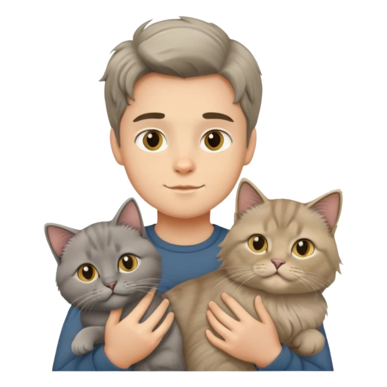 boy holding a grey longhair cat and a British longhair golden cat sticker