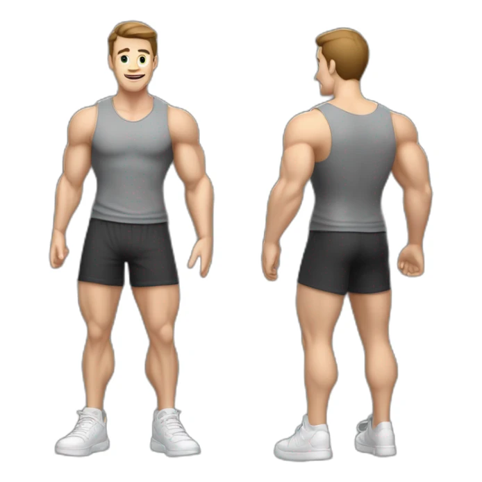 Full height realistic Actively gesturing with hands Pale skinned Fit Man With the biceps and brown hair in dark gray Sleeveless Mike, black oversize sports shorts, watch and white Sneakers sticker