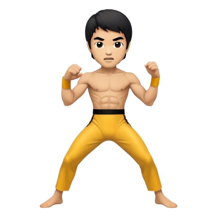Cinematic Realistic Bruce Lee Pop Culture Emoji, featuring a dynamic portrayal of the legendary martial artist rendered with crisp detail and energetic lighting. sticker