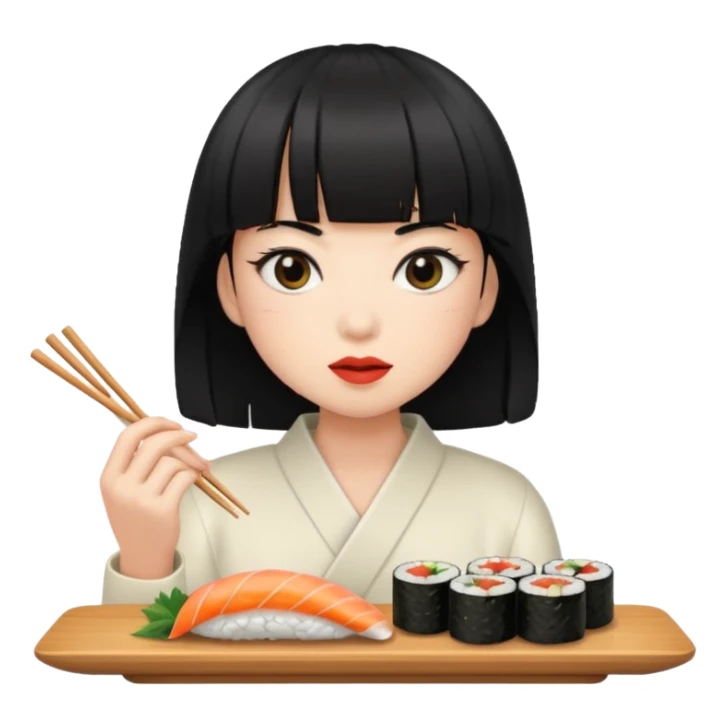 Person with black hair and bangs eating sushi sticker