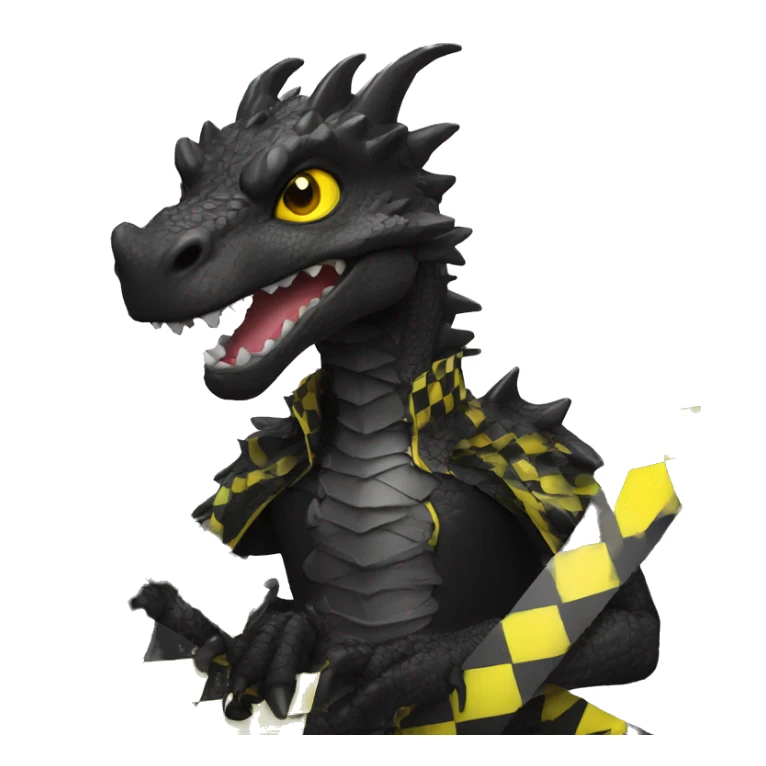 Black dragon dressed in punk clothes with chequer black and white markings and yellow caution tape  sticker