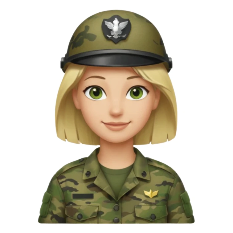 Apple-style emoji: female soldier, bust, no cap/helmet, friendly smile, generic camo top, blonde hair sticker
