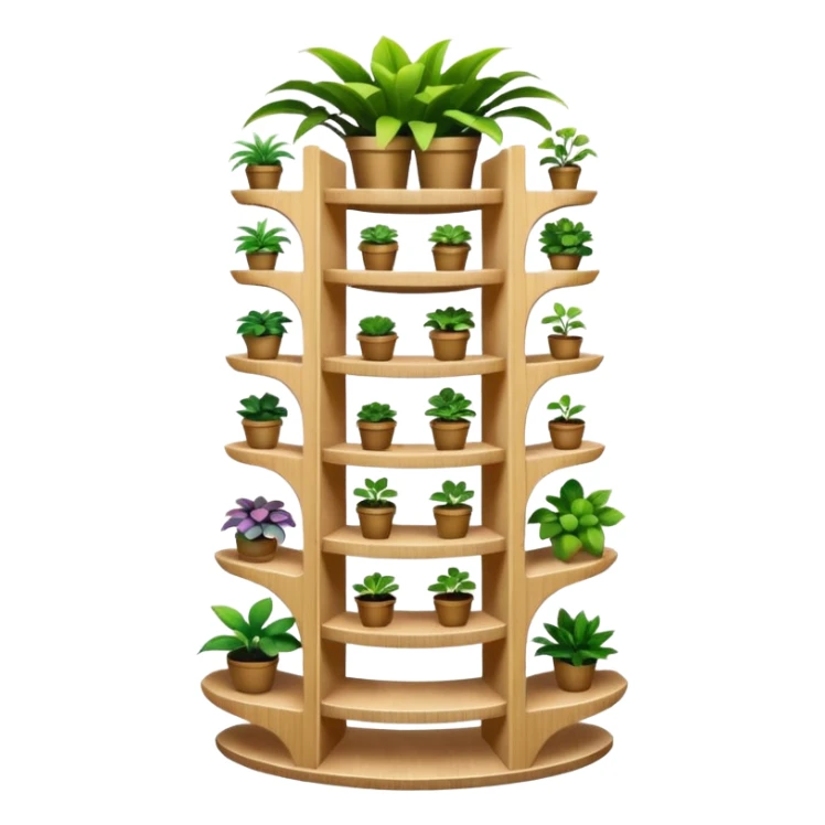 Very Large alien-futuristic multi-tier multi-level curved plant rack, which holds thirty-five plants, constructed from plywood sticker